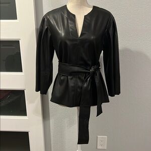 Black Faux Leather Belted Jacket